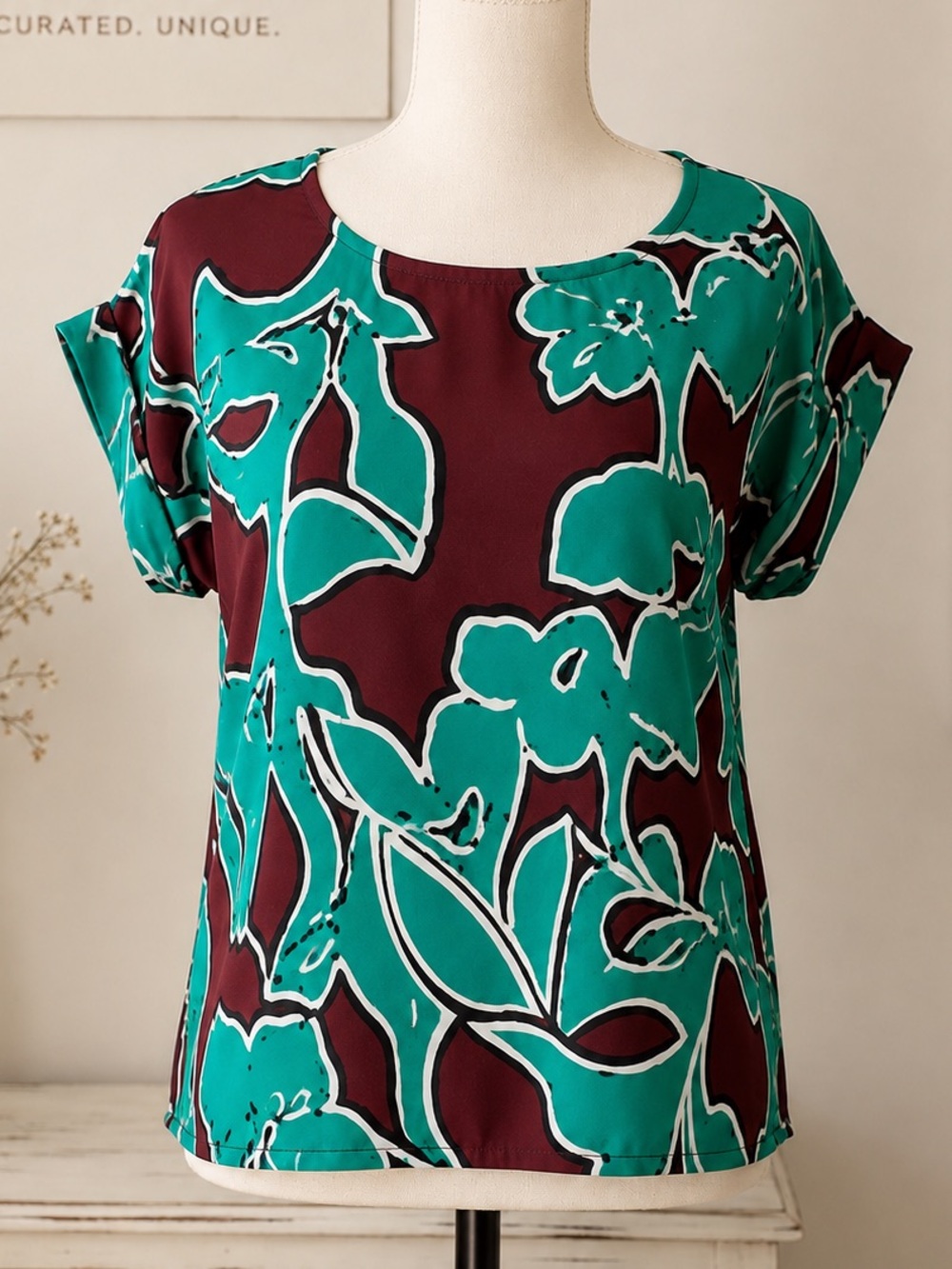 Nine West Teal and Burgundy Floral Short Sleeve Blouse